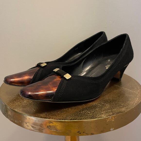Lanconi Firenze 7.5B Kitten Heels | Black Suede, Tortoiseshell Toe, Rare Vintage - Picture 4 of 10